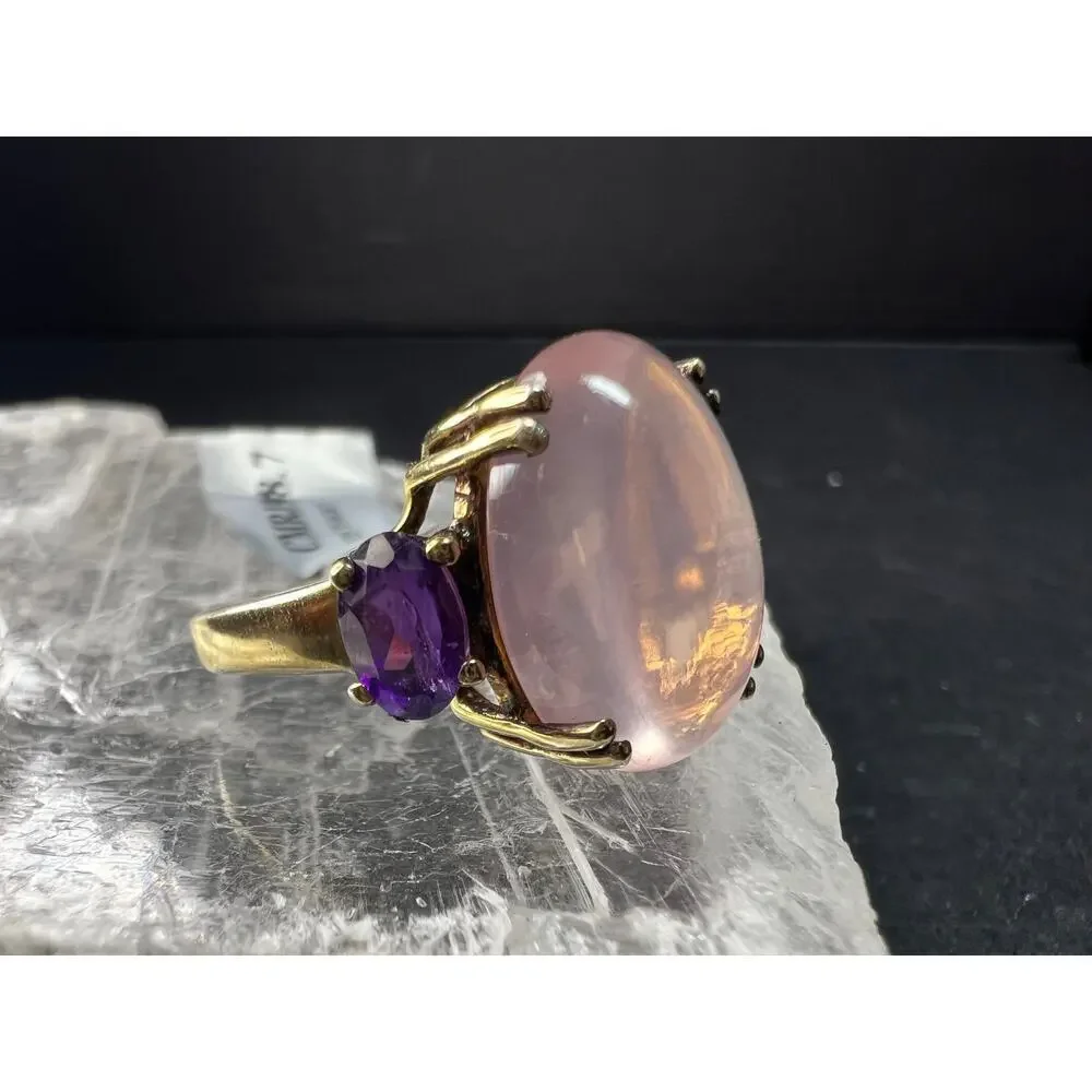 Rose Quartz & Amethyst Gold Plated 925 Ring Size 7 NWT
